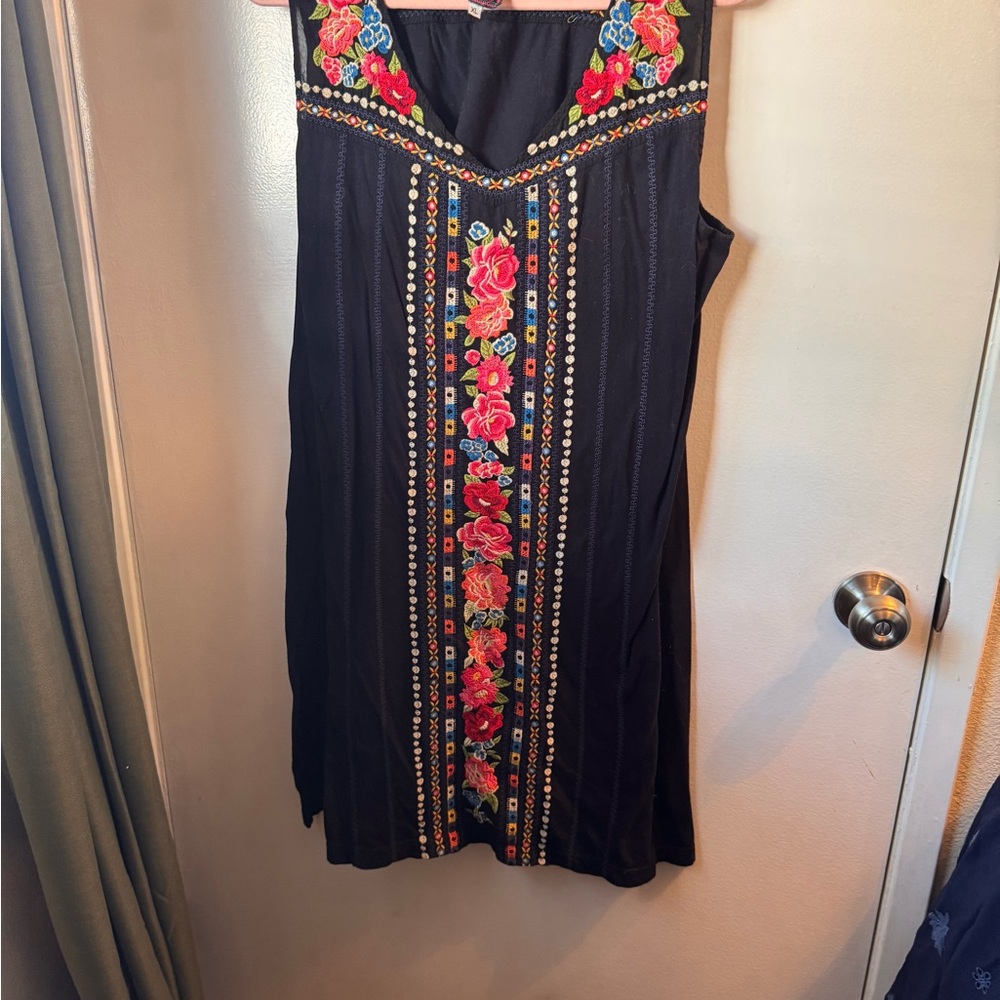Johnny Was Black Midi Dress with Multicolor Embroidered Floral Trim